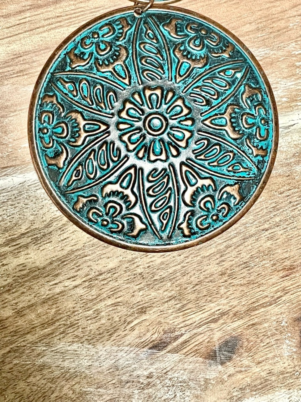 Turquoise Copper Patina Filigree Double Disc Drop Earrings XL - Picture 3 of 4